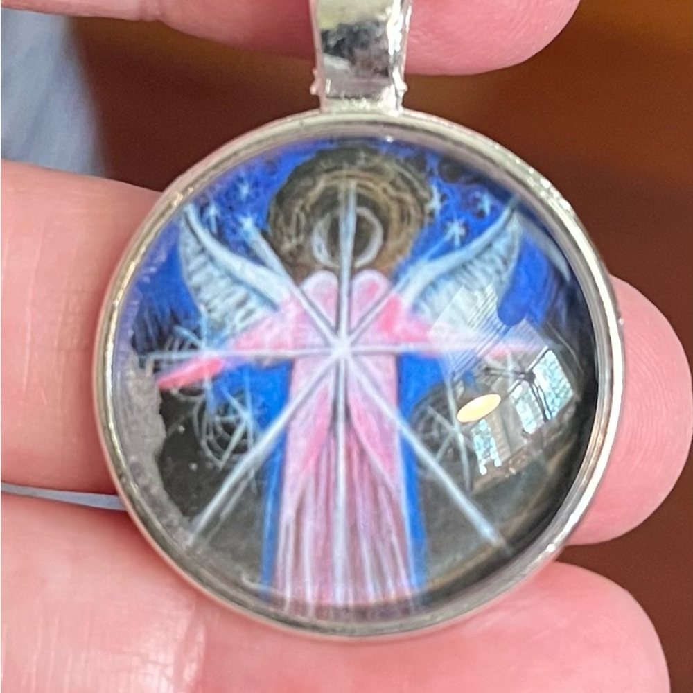 Silver Angel Pendant with Pink and Blue Accents